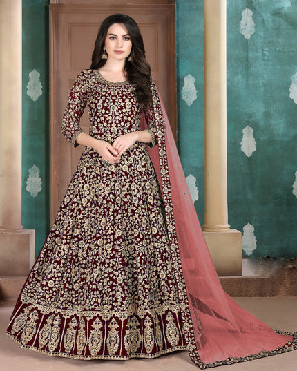 Sweet Maroon Faux Georgette Embroidered Floor Length Anarkali Suit