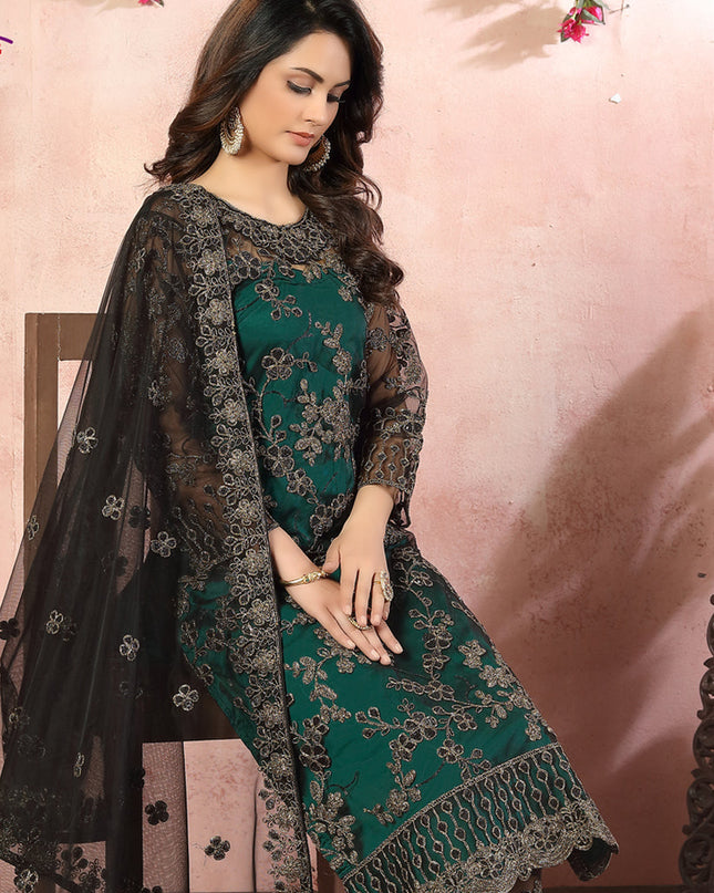 Magnetic Pine Green Net Embroidered Designer Pant Kameez