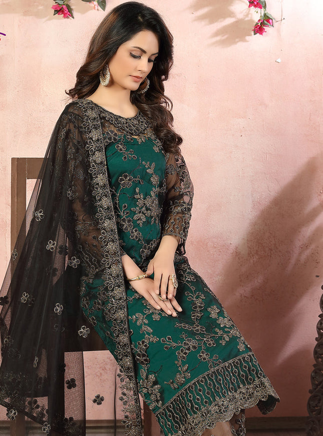 Magnetic Pine Green Net Embroidered Designer Pant Kameez