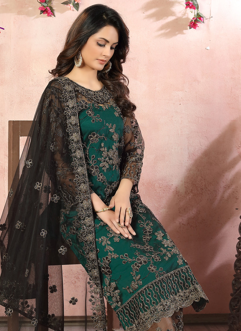 Magnetic Pine Green Net Embroidered Designer Pant Kameez