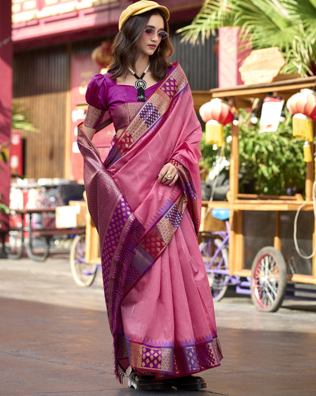 Pink Pure Banarasi Silk Woven Saree For Festival