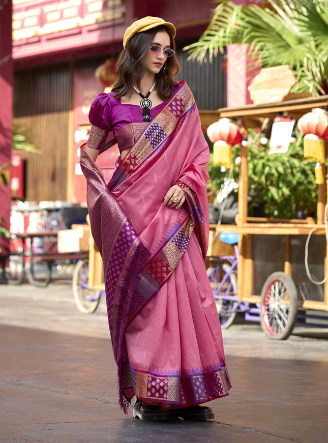 Pink Pure Banarasi Silk Woven Saree For Festival