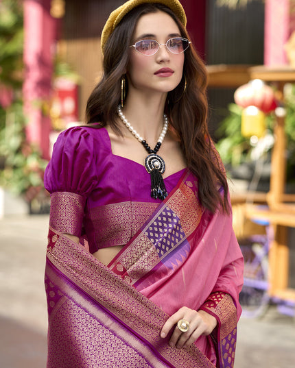 Pink Pure Banarasi Silk Woven Saree For Festival