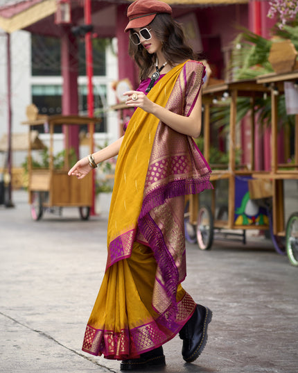 Golden Yellow Pure Banarasi Silk Woven Saree For Festival
