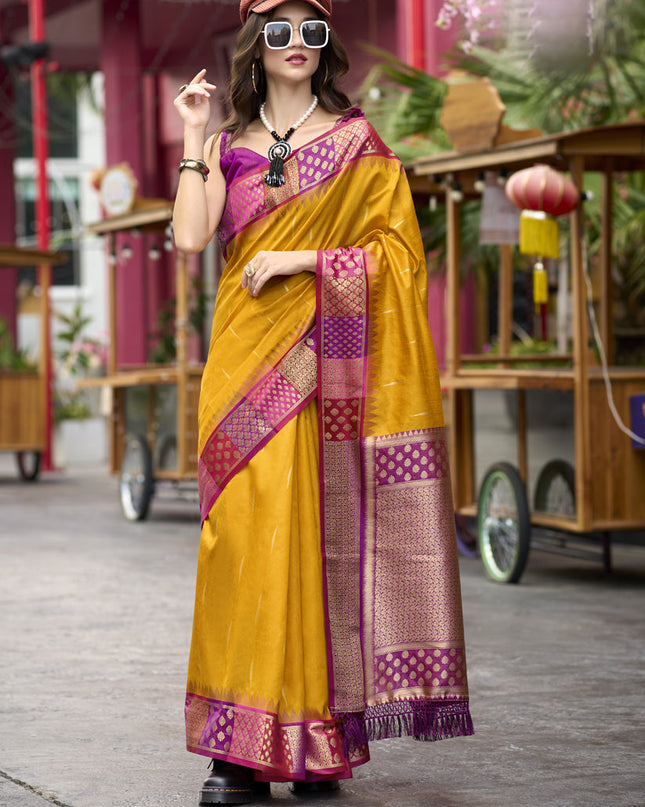 Golden Yellow Pure Banarasi Silk Woven Saree For Festival