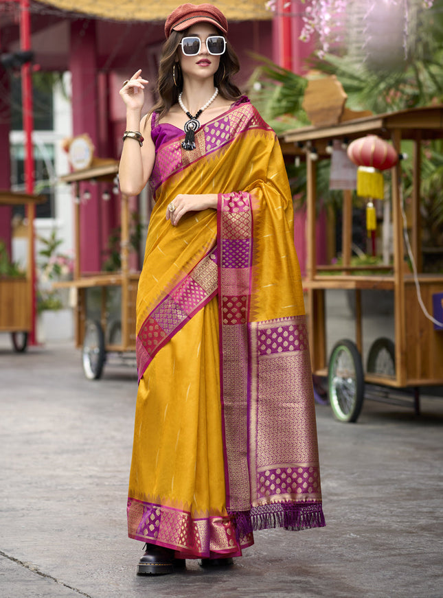 Golden Yellow Pure Banarasi Silk Woven Saree For Festival