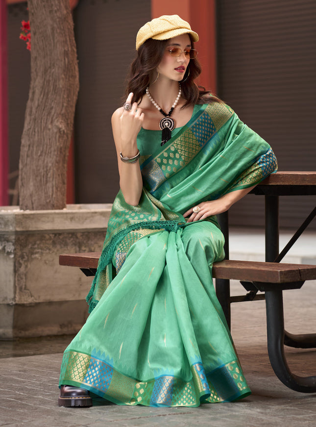 Sea Green Pure Banarasi Silk Woven Saree For Festival