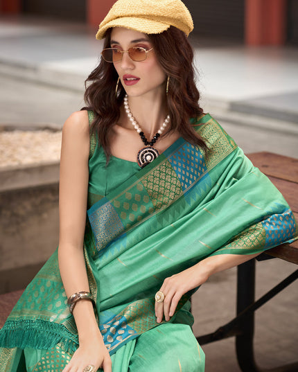 Sea Green Pure Banarasi Silk Woven Saree For Festival