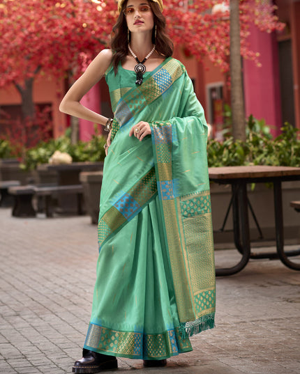 Sea Green Pure Banarasi Silk Woven Saree For Festival