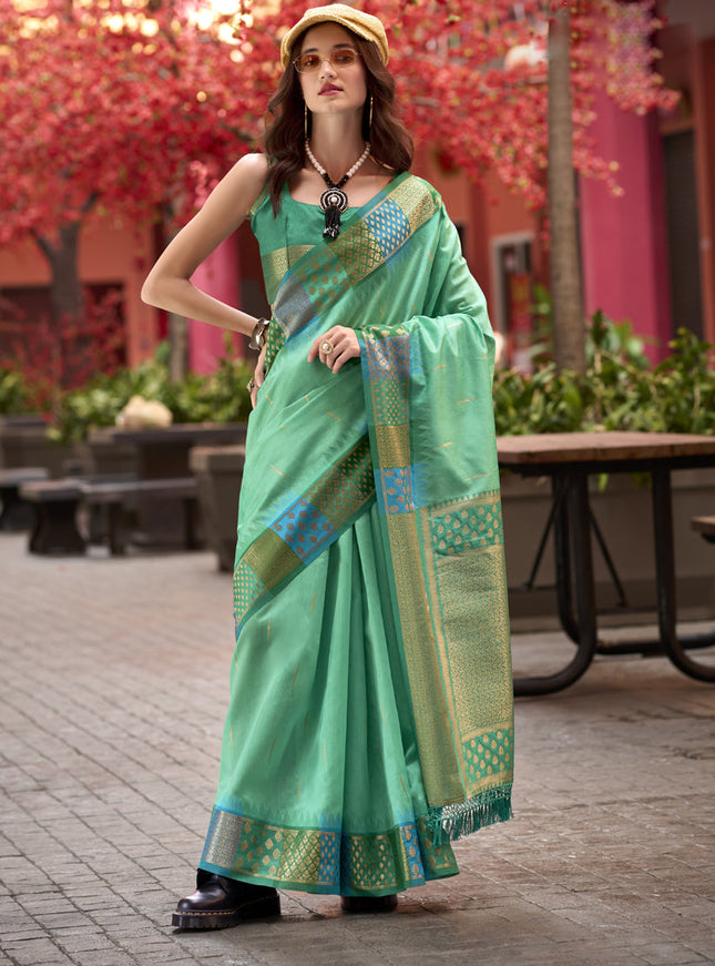 Sea Green Pure Banarasi Silk Woven Saree For Festival