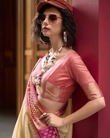 Beige Pure Banarasi Silk Woven Saree For Festival