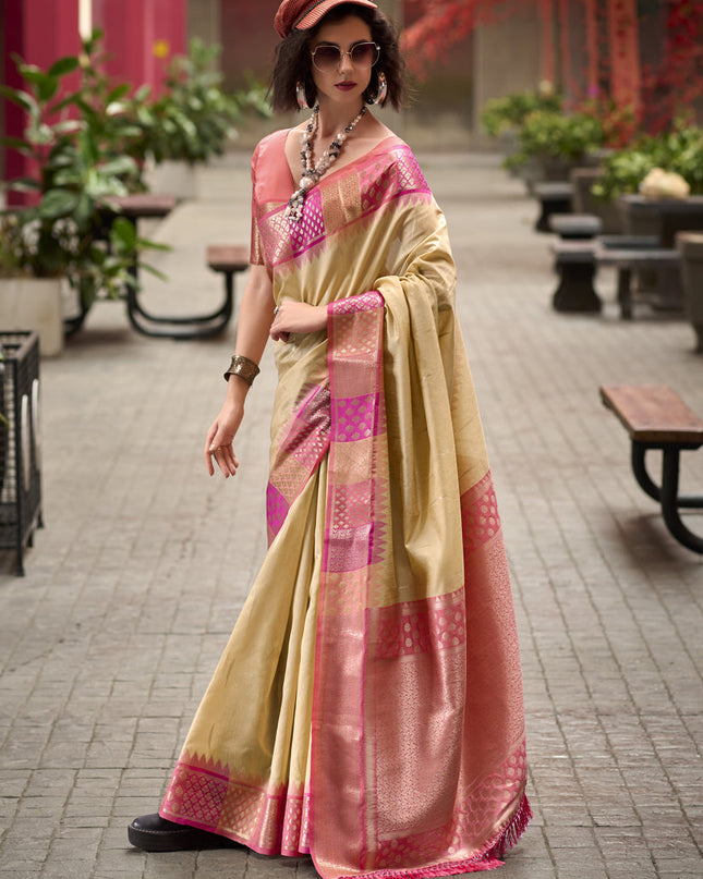 Beige Pure Banarasi Silk Woven Saree For Festival