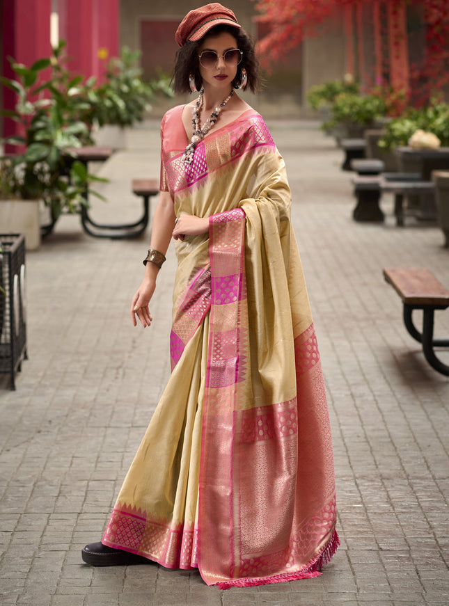Beige Pure Banarasi Silk Woven Saree For Festival