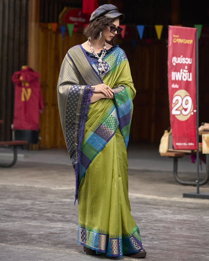 Olive Green Pure Banarasi Silk Woven Saree For Festival