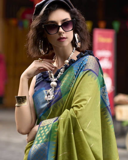 Olive Green Pure Banarasi Silk Woven Saree For Festival