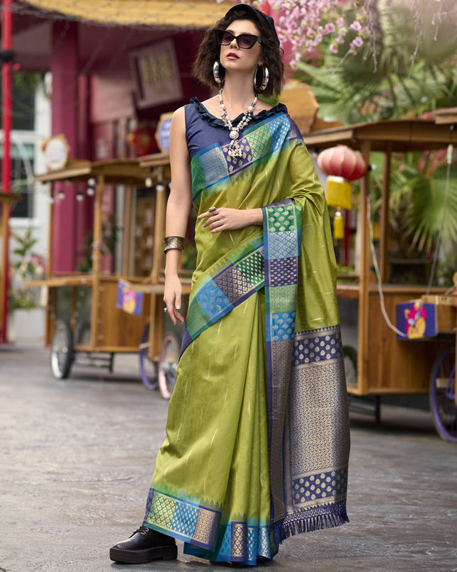 Olive Green Pure Banarasi Silk Woven Saree For Festival