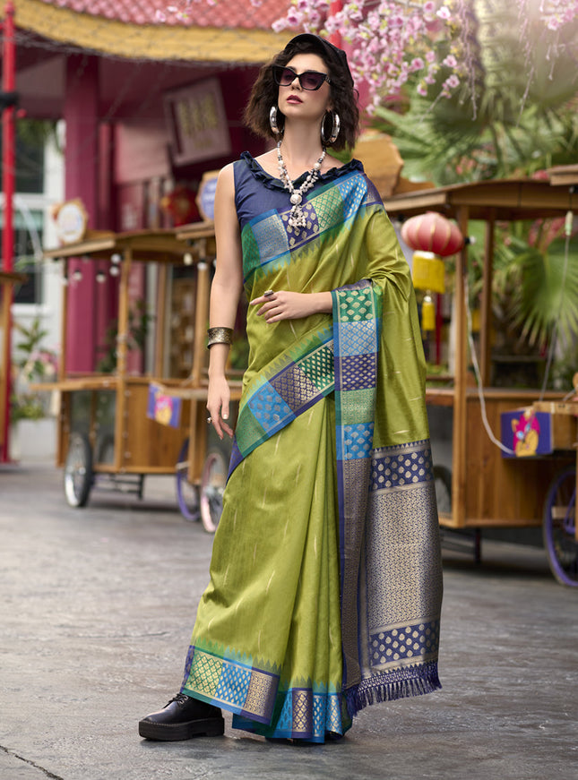 Olive Green Pure Banarasi Silk Woven Saree For Festival