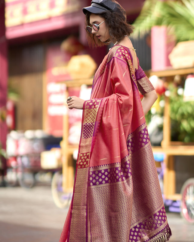 Coral Pink Pure Banarasi Silk Woven Saree For Festival