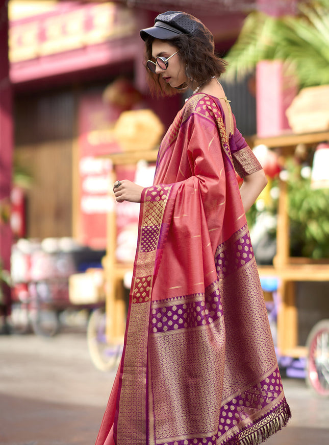 Coral Pink Pure Banarasi Silk Woven Saree For Festival