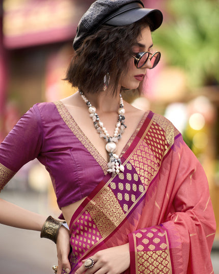 Coral Pink Pure Banarasi Silk Woven Saree For Festival