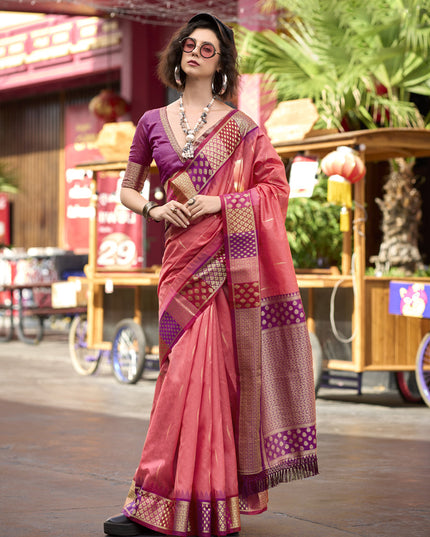 Coral Pink Pure Banarasi Silk Woven Saree For Festival