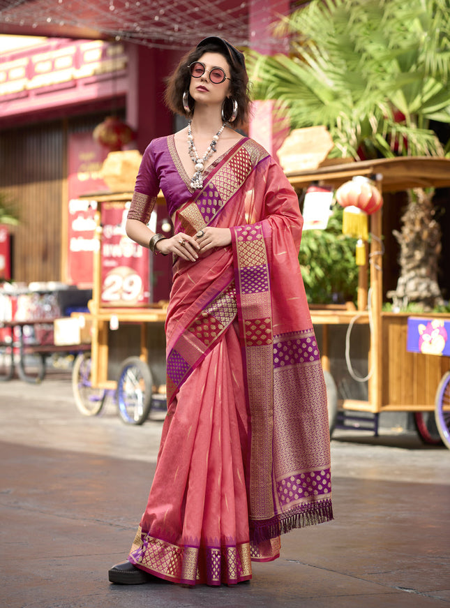 Coral Pink Pure Banarasi Silk Woven Saree For Festival