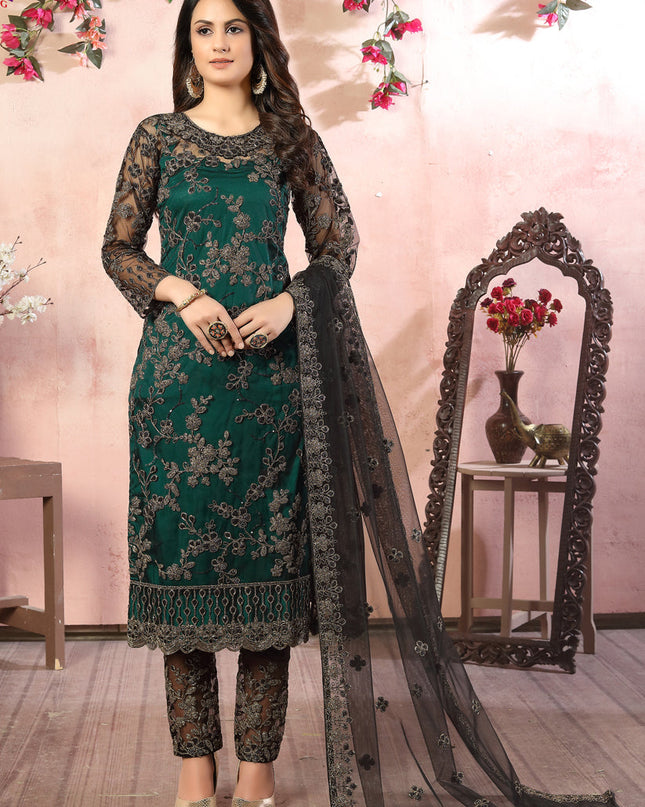 Magnetic Pine Green Net Embroidered Designer Pant Kameez