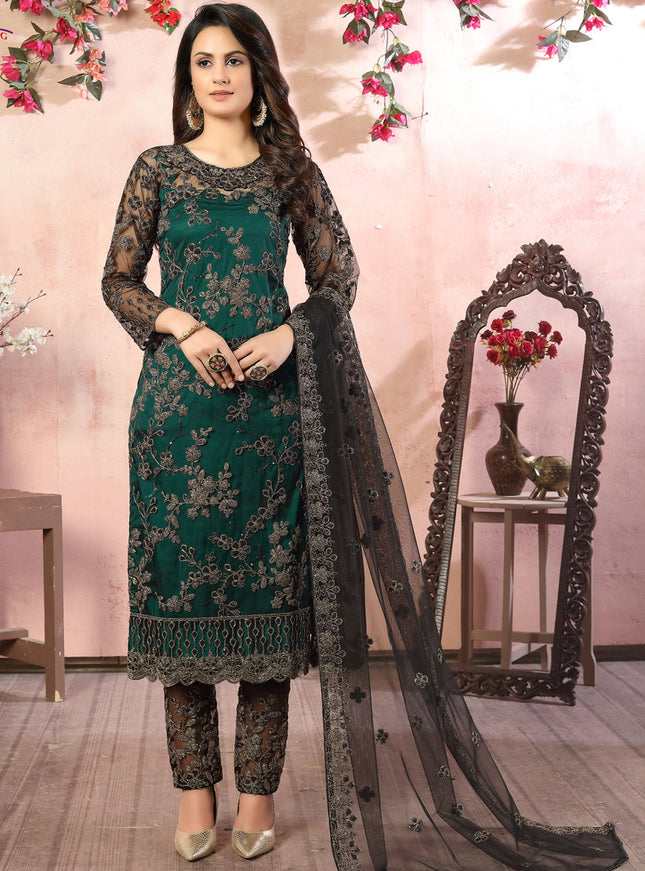 Magnetic Pine Green Net Embroidered Designer Pant Kameez