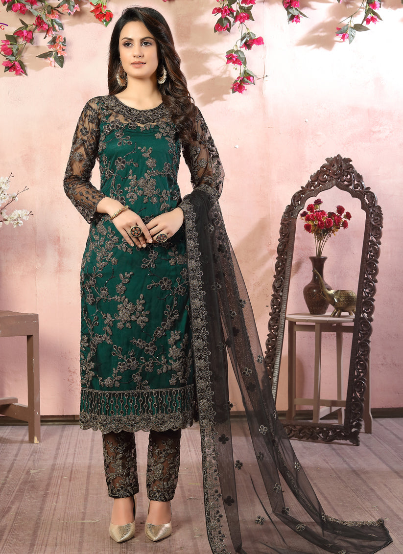 Magnetic Pine Green Net Embroidered Designer Pant Kameez