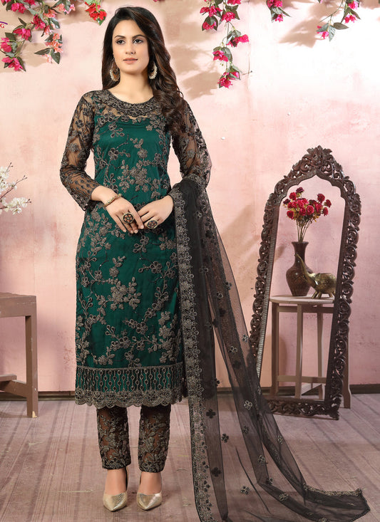 Magnetic Pine Green Net Embroidered Designer Pant Kameez