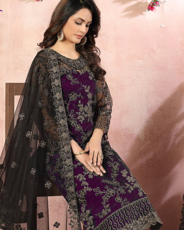Sweet Eggplant Net Embroidered Designer Pant Kameez