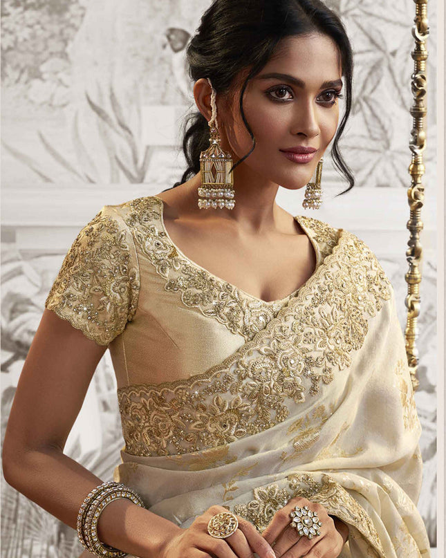 Ivory Viscose Jacquard Embroidered Designer Saree