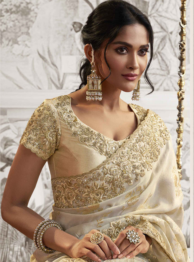Ivory Viscose Jacquard Embroidered Designer Saree