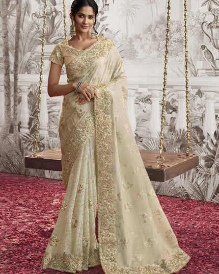 Ivory Viscose Jacquard Embroidered Designer Saree