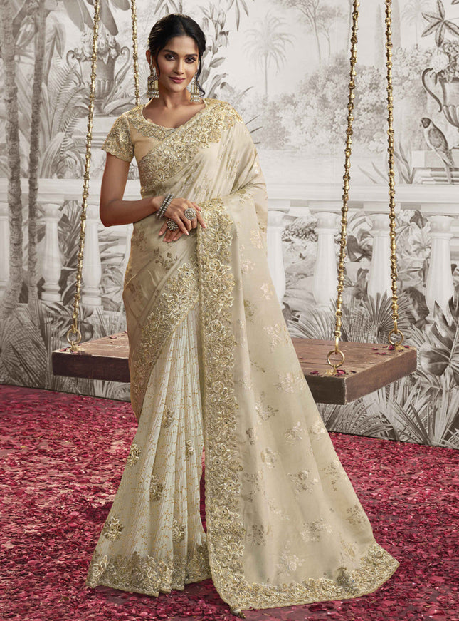 Ivory Viscose Jacquard Embroidered Designer Saree