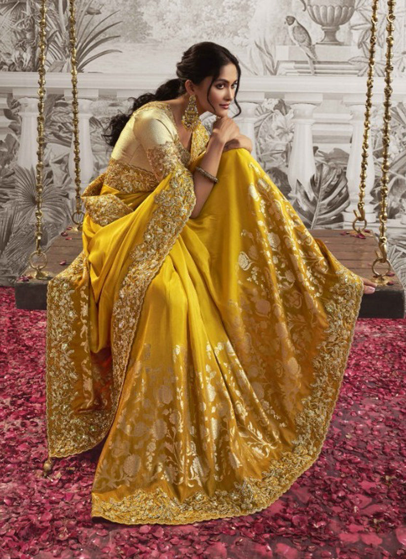 Maize Yellow Viscose Jacquard Embroidered Designer Saree