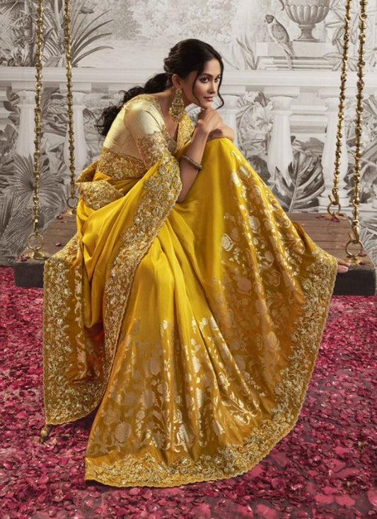 Maize Yellow Viscose Jacquard Embroidered Designer Saree