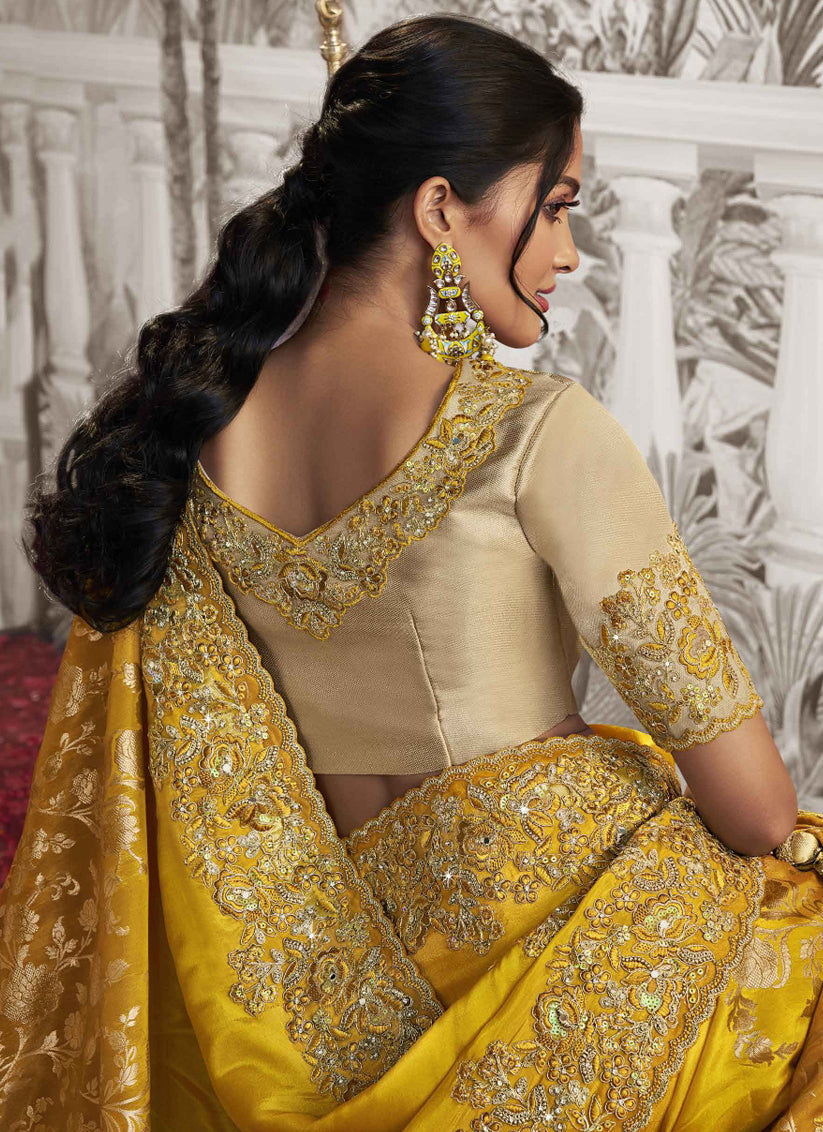 Maize Yellow Viscose Jacquard Embroidered Designer Saree