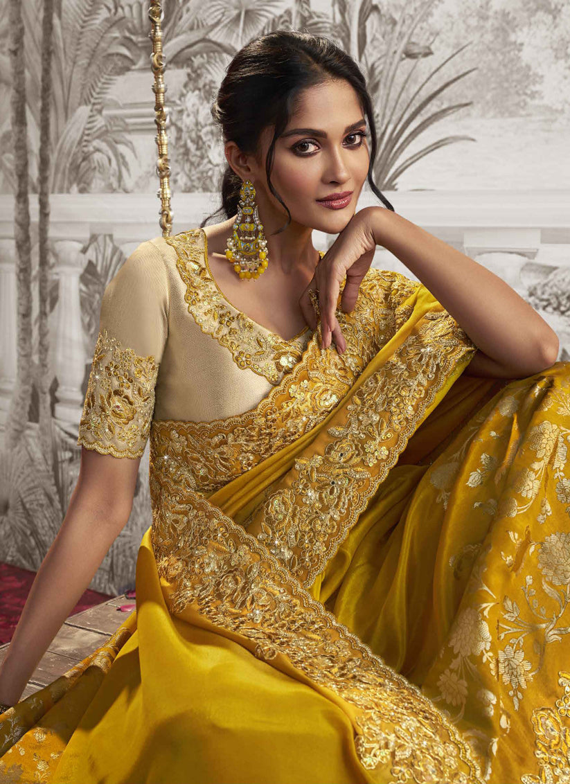 Maize Yellow Viscose Jacquard Embroidered Designer Saree