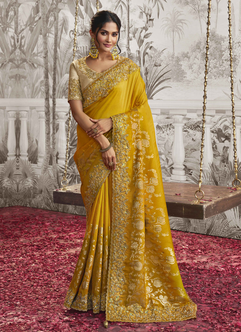 Maize Yellow Viscose Jacquard Embroidered Designer Saree