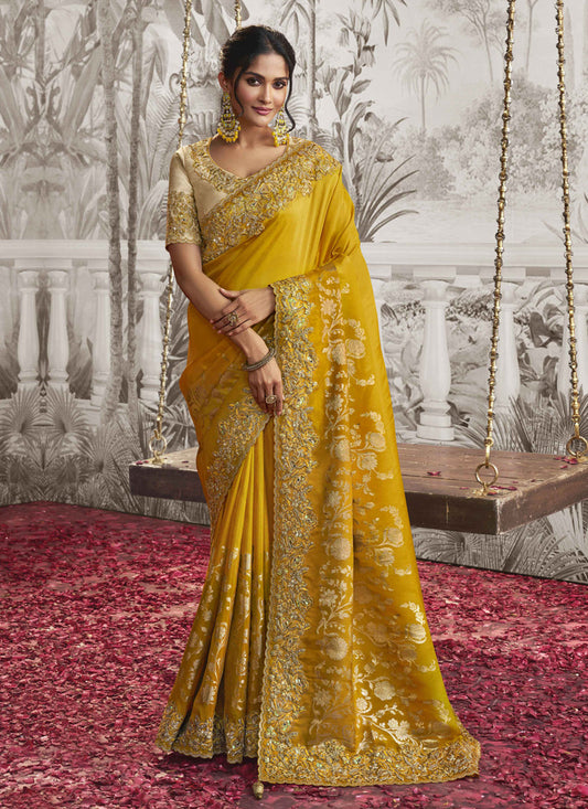 Maize Yellow Viscose Jacquard Embroidered Designer Saree