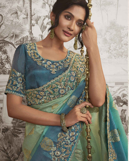 Mint and Teal Blue Viscose Jacquard Embroidered Designer Saree
