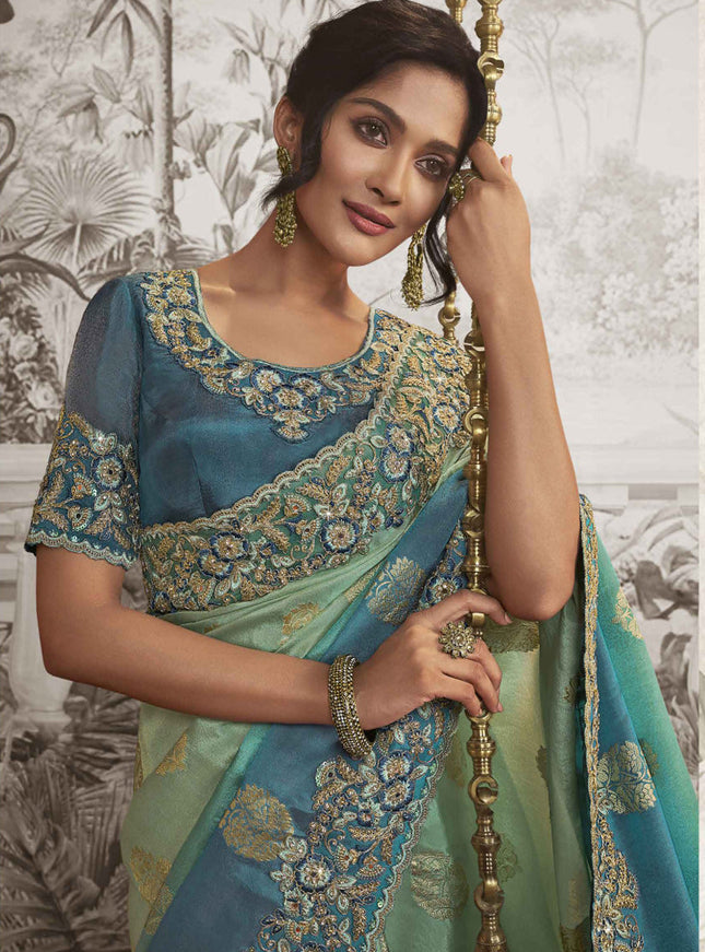 Mint and Teal Blue Viscose Jacquard Embroidered Designer Saree