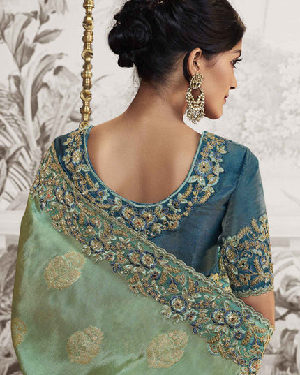 Mint and Teal Blue Viscose Jacquard Embroidered Designer Saree