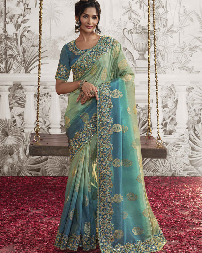 Mint and Teal Blue Viscose Jacquard Embroidered Designer Saree