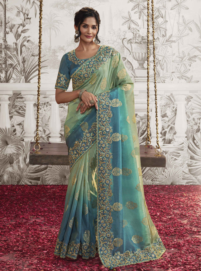 Mint and Teal Blue Viscose Jacquard Embroidered Designer Saree