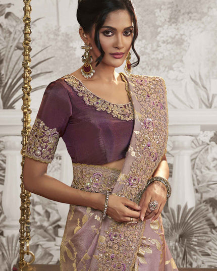 Dusty Lavender Viscose Jacquard Embroidered Designer Saree