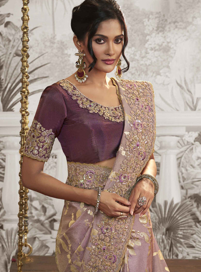 Dusty Lavender Viscose Jacquard Embroidered Designer Saree