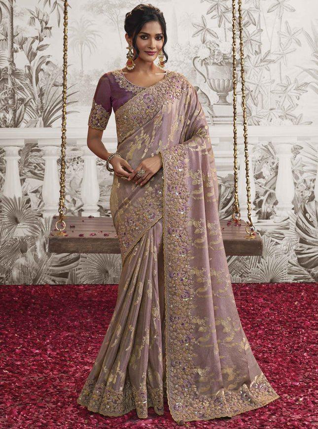 Dusty Lavender Viscose Jacquard Embroidered Designer Saree