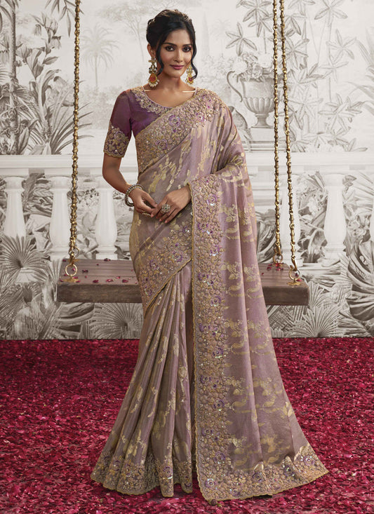 Dusty Lavender Viscose Jacquard Embroidered Designer Saree